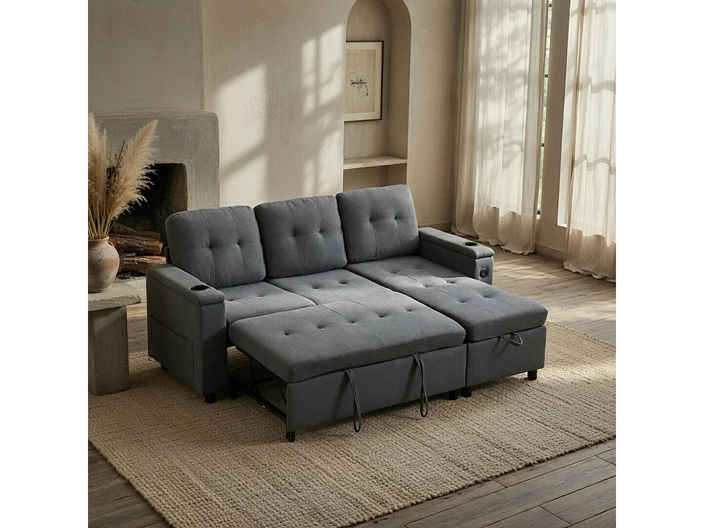 Sofá, sofá cama de tres plazas, en forma de L, con espacio de almacenamiento oculto, equipado con iluminación LED, gris