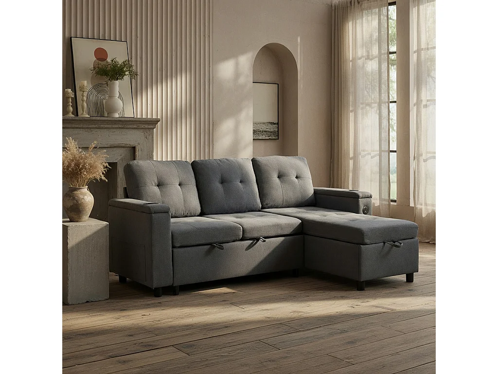 Sofá, sofá cama de tres plazas, en forma de L, con espacio de almacenamiento oculto, equipado con iluminación LED, gris