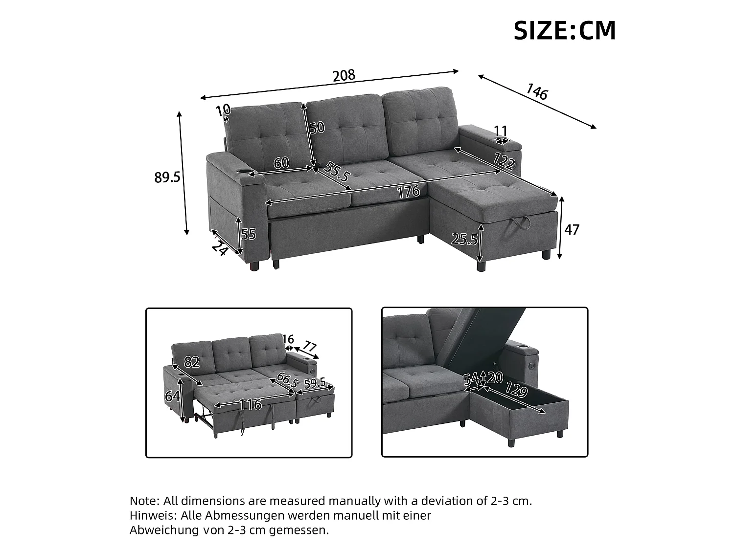 Sofá, sofá cama de tres plazas, en forma de L, con espacio de almacenamiento oculto, equipado con iluminación LED, gris
