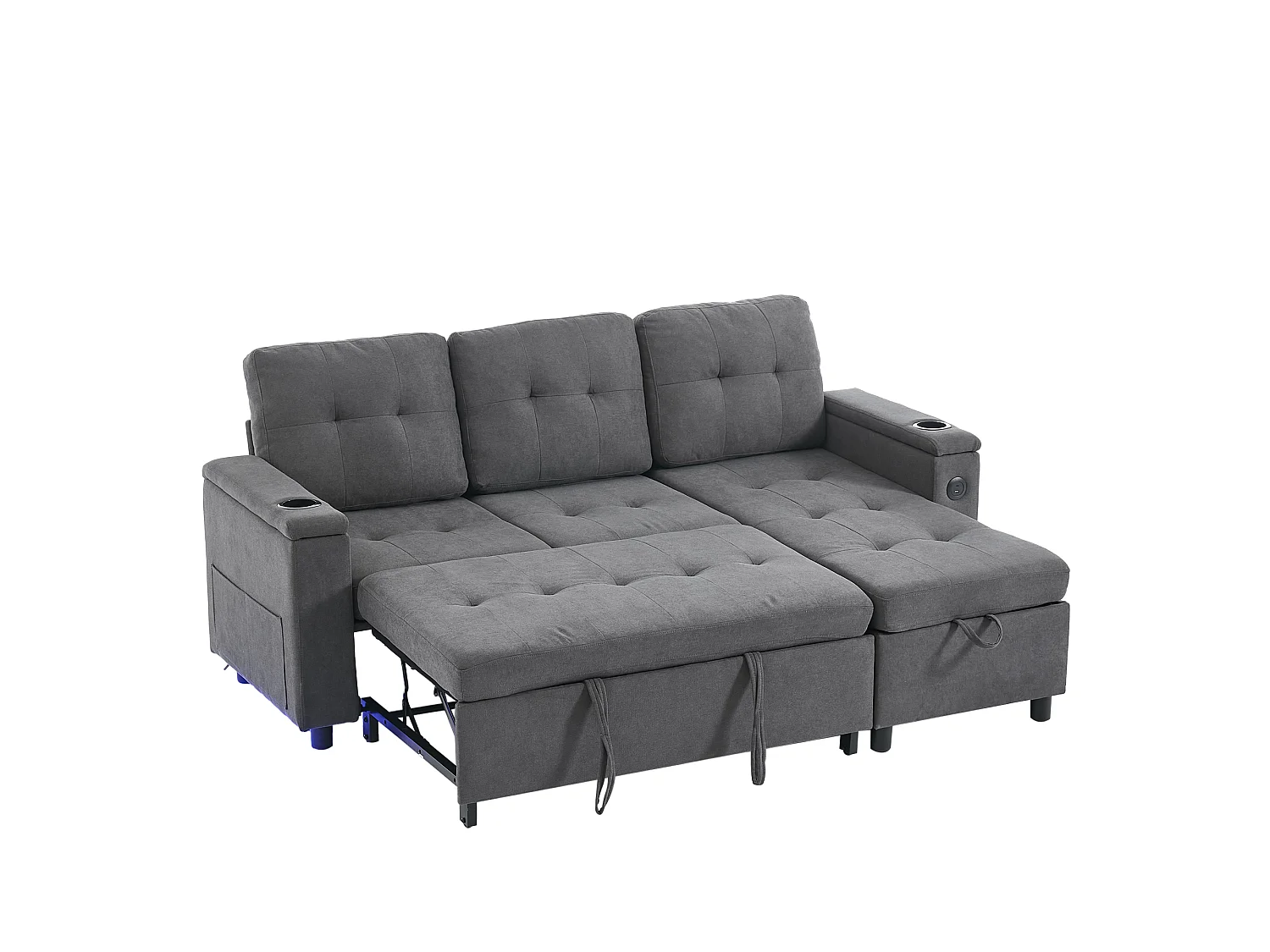 Sofá, sofá cama de tres plazas, en forma de L, con espacio de almacenamiento oculto, equipado con iluminación LED, gris