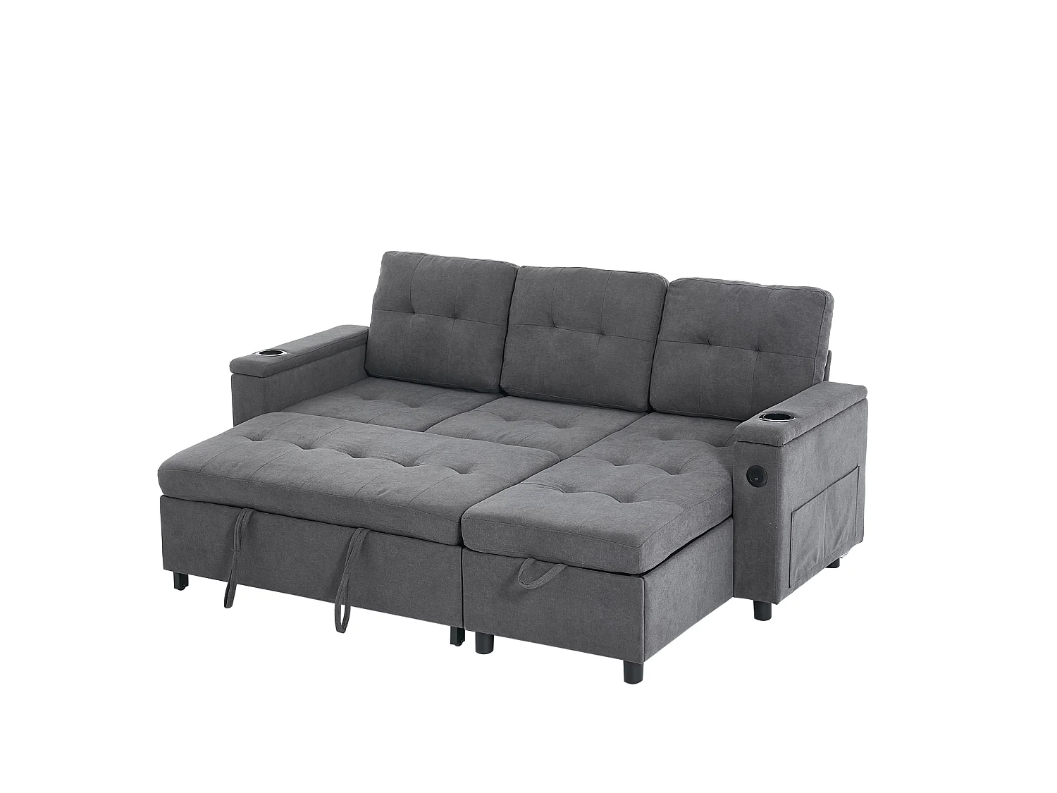 Sofá, sofá cama de tres plazas, en forma de L, con espacio de almacenamiento oculto, equipado con iluminación LED, gris