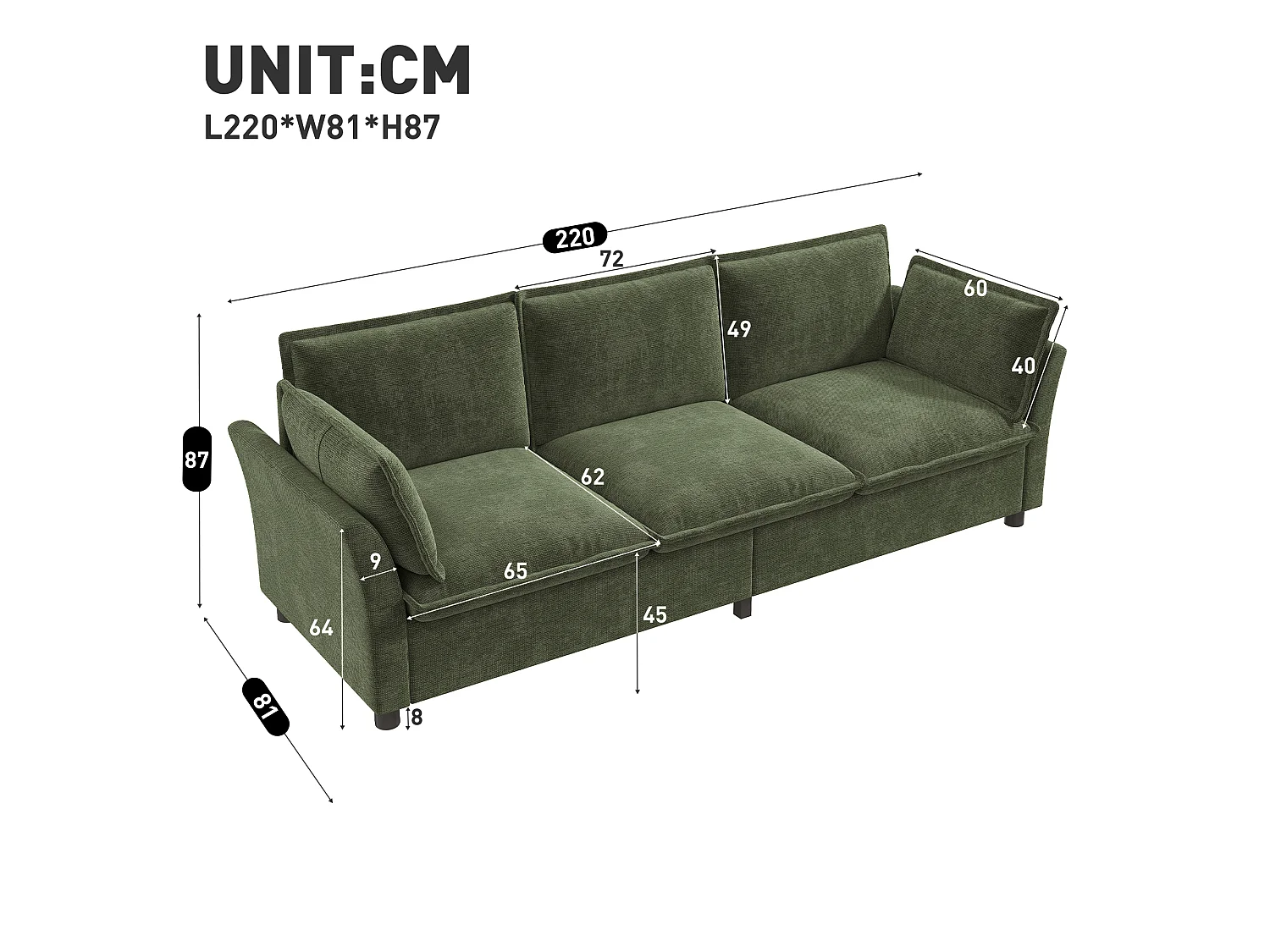 Canapé 3 places en tissu chenille vert