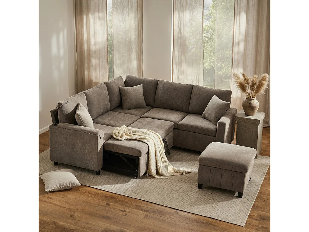 Sofá de canto, com apoio para os pés, candeeiro de leitura, portas USB e Type-C, mesinha, mesa de centro, dois porta-copos, veludo chenille, cinzento