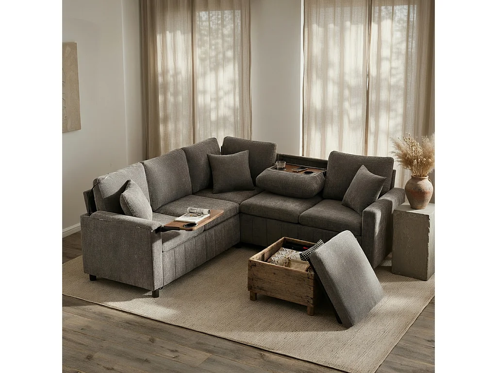 Sofá de canto, com apoio para os pés, candeeiro de leitura, portas USB e Type-C, mesinha, mesa de centro, dois porta-copos, veludo chenille, cinzento