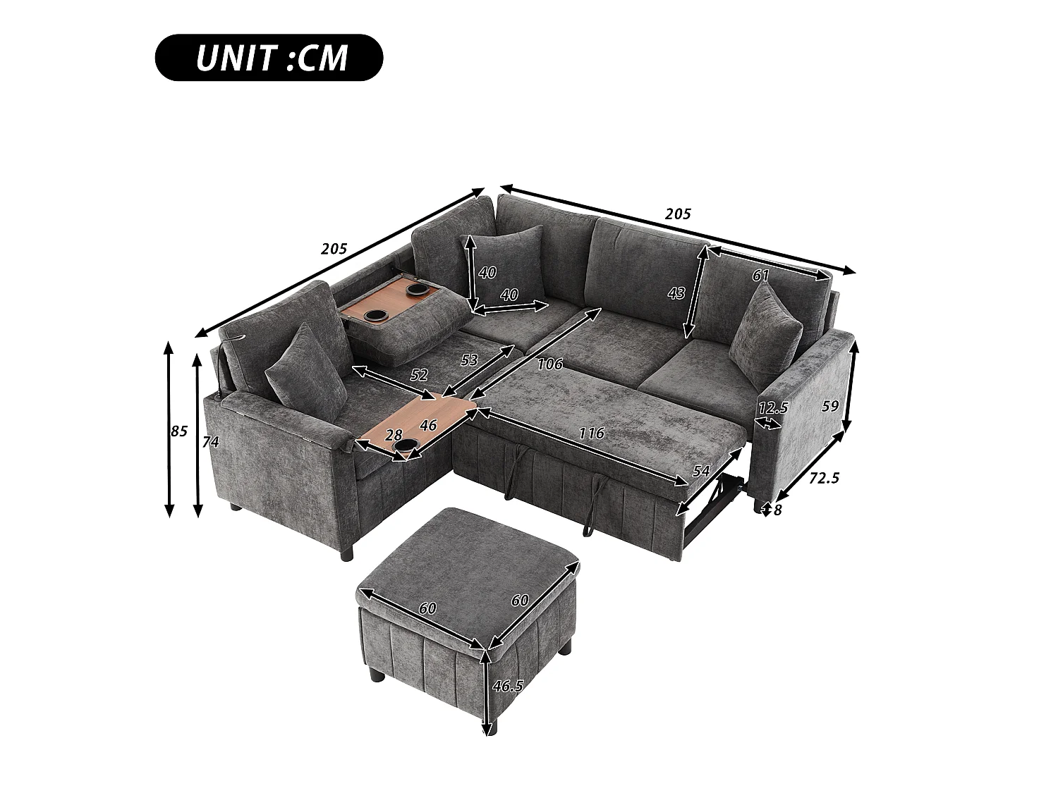 Sofá de canto, com apoio para os pés, candeeiro de leitura, portas USB e Type-C, mesinha, mesa de centro, dois porta-copos, veludo chenille, cinzento