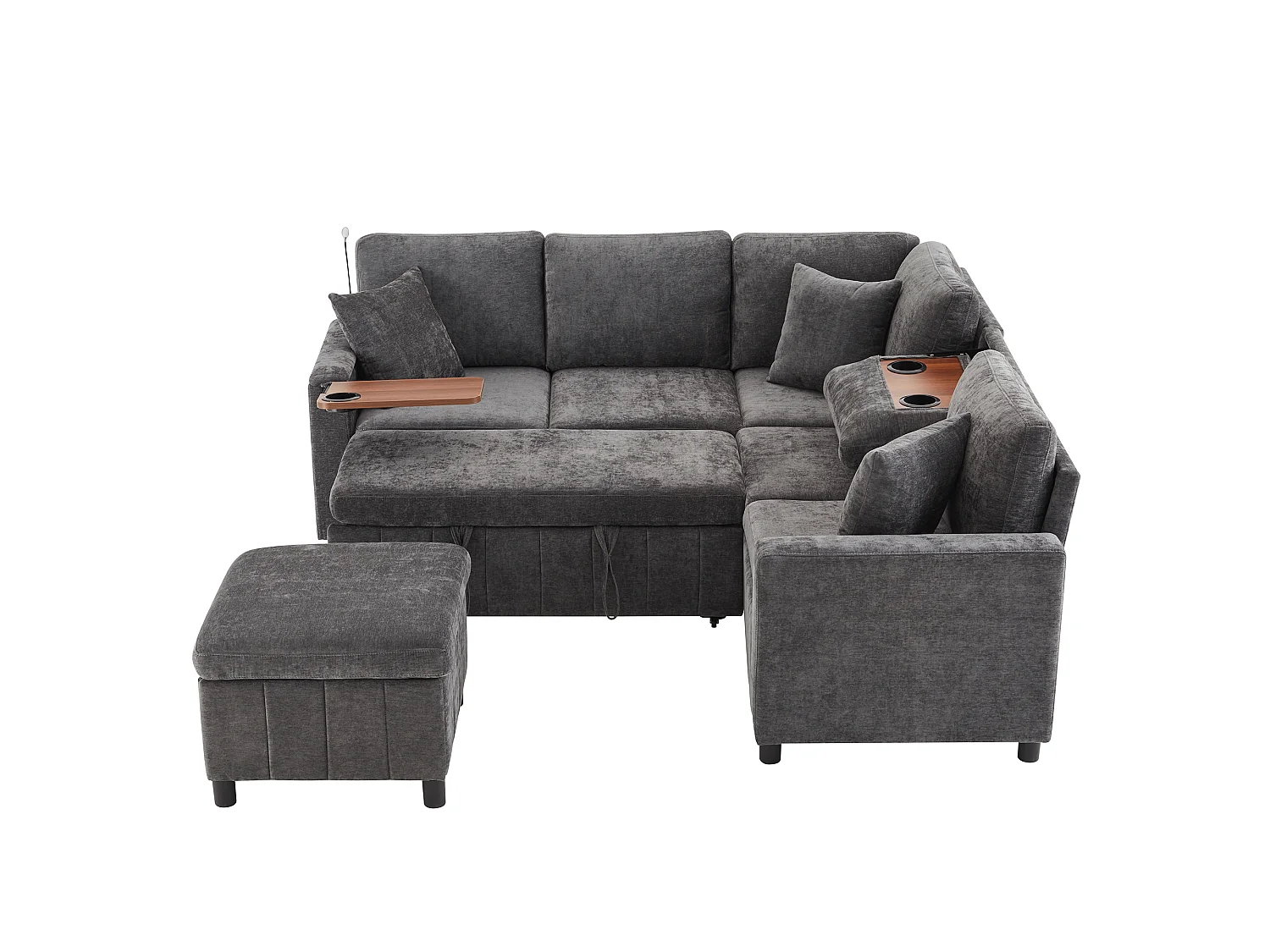 Sofá de canto, com apoio para os pés, candeeiro de leitura, portas USB e Type-C, mesinha, mesa de centro, dois porta-copos, veludo chenille, cinzento