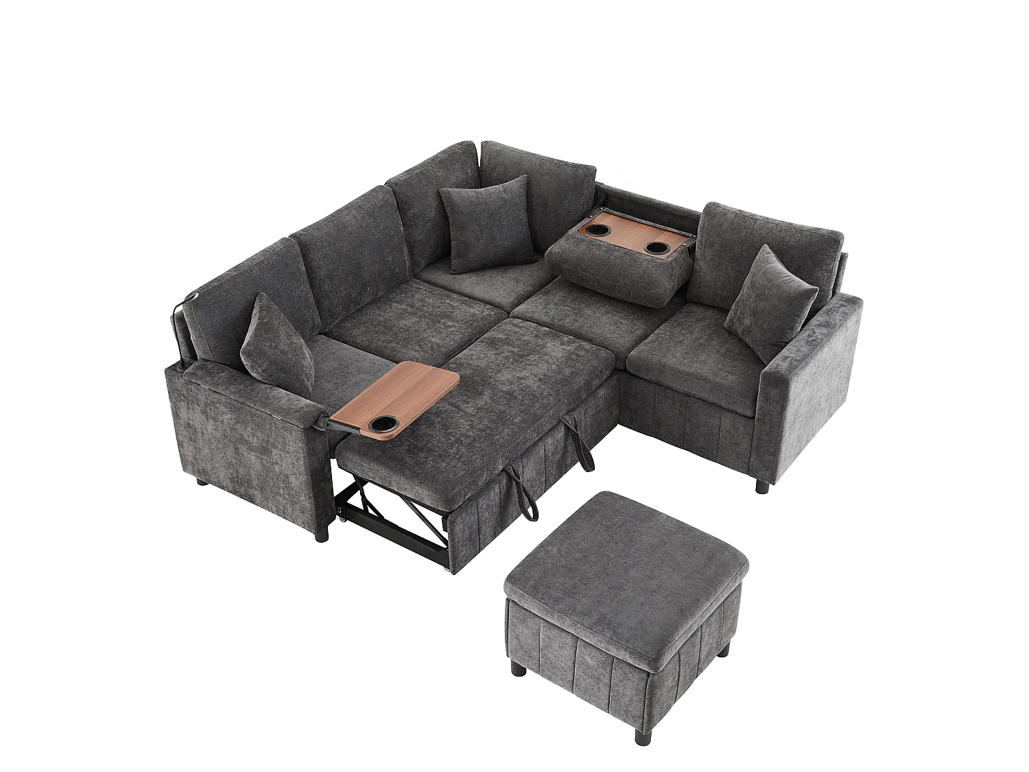 Sofá de canto, com apoio para os pés, candeeiro de leitura, portas USB e Type-C, mesinha, mesa de centro, dois porta-copos, veludo chenille, cinzento
