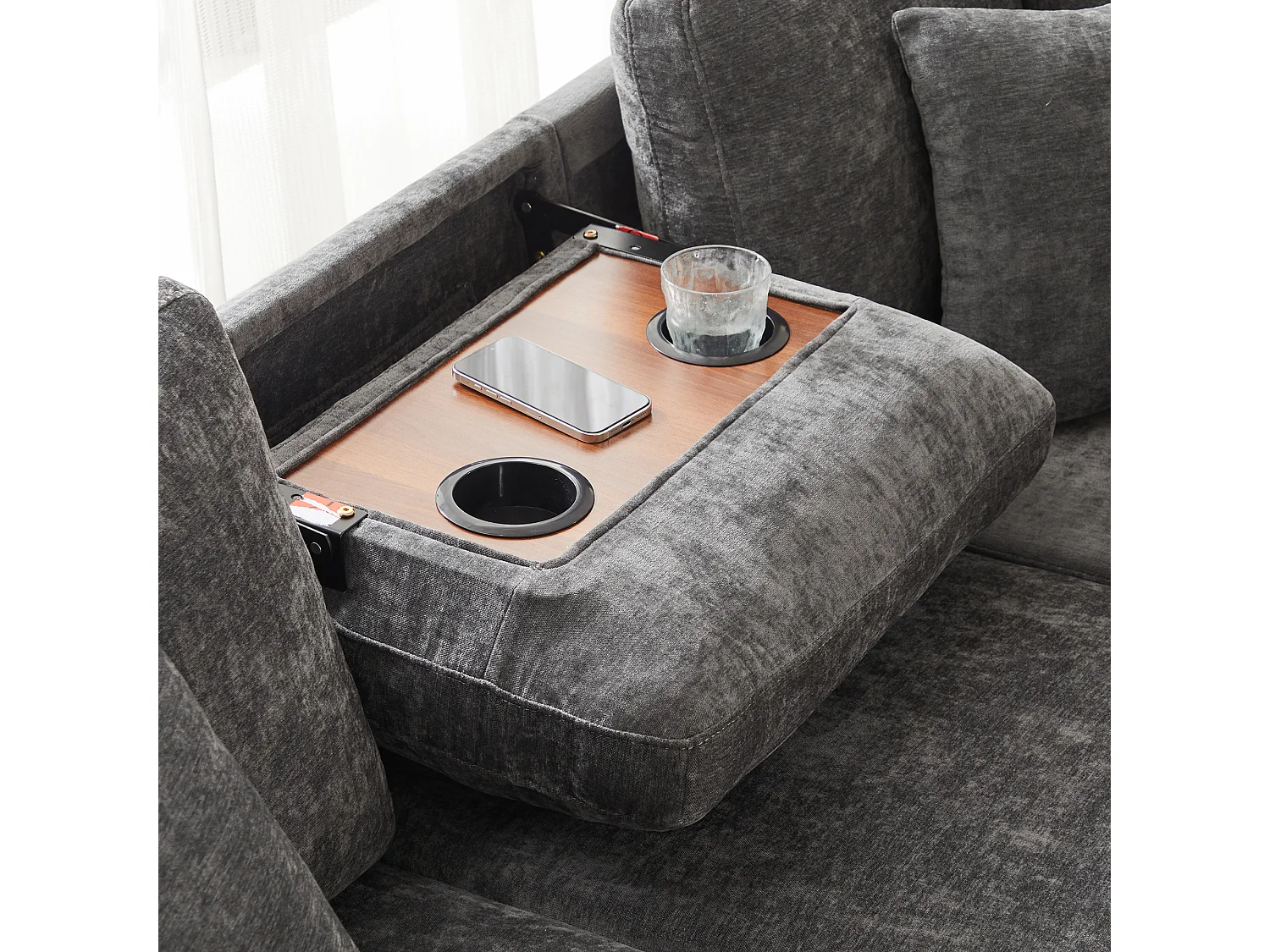 Sofá de canto, com apoio para os pés, candeeiro de leitura, portas USB e Type-C, mesinha, mesa de centro, dois porta-copos, veludo chenille, cinzento