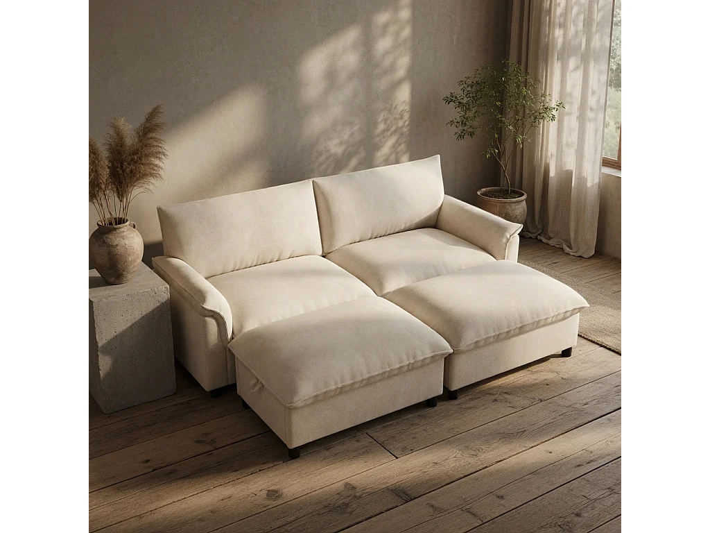 Modulaire bank, extra brede ‘nuage’-bank, met 2 afneembare voetsteunen, hoge rugleuning, beige