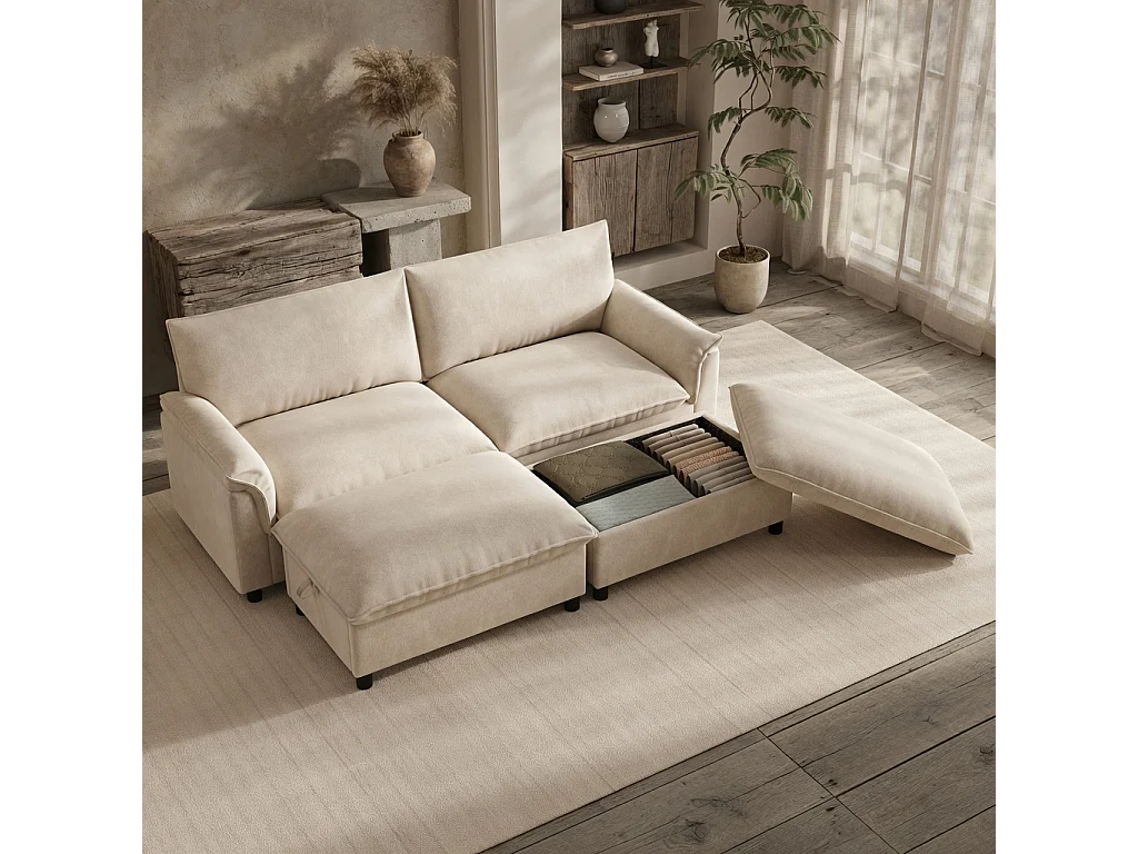Modulaire bank, extra brede ‘nuage’-bank, met 2 afneembare voetsteunen, hoge rugleuning, beige