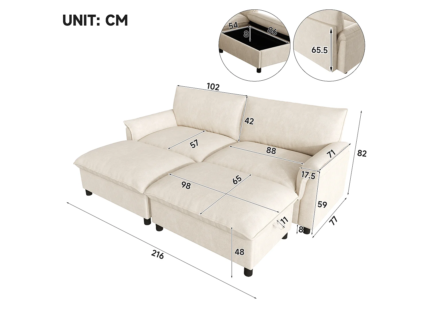 Modulaire bank, extra brede ‘nuage’-bank, met 2 afneembare voetsteunen, hoge rugleuning, beige