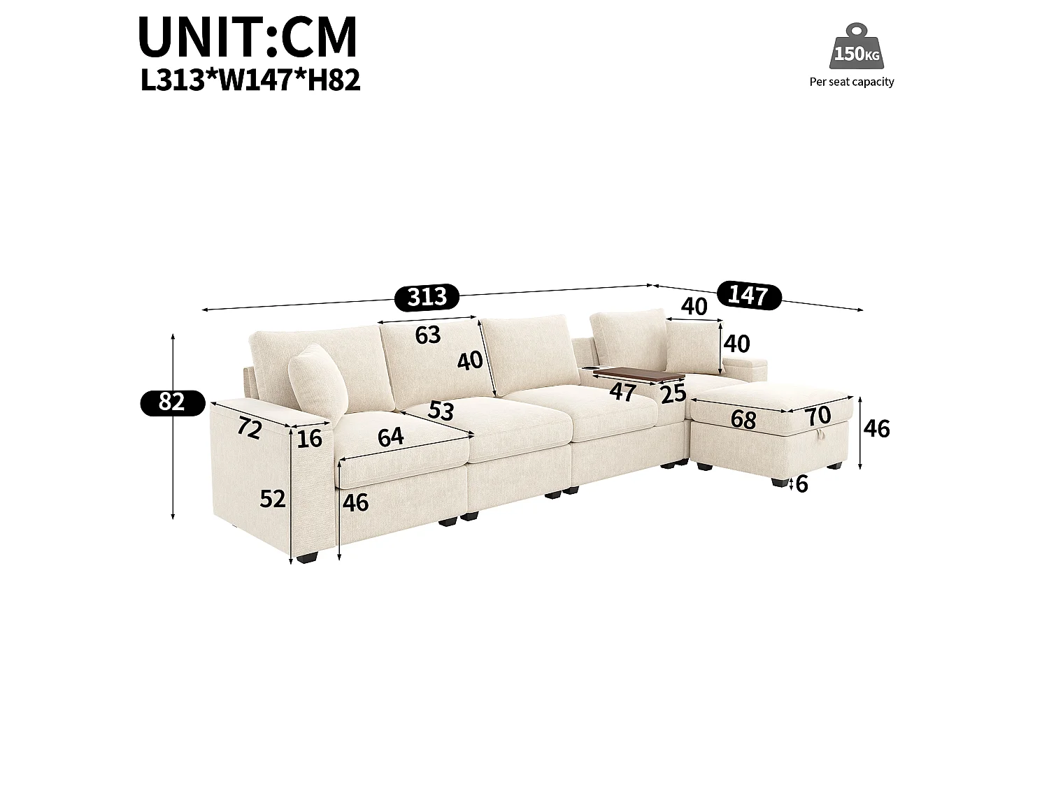L-bank, voorzien van USB-/Type-C-poorten, bekerhouders, een salontafel en een voetensteun, beige