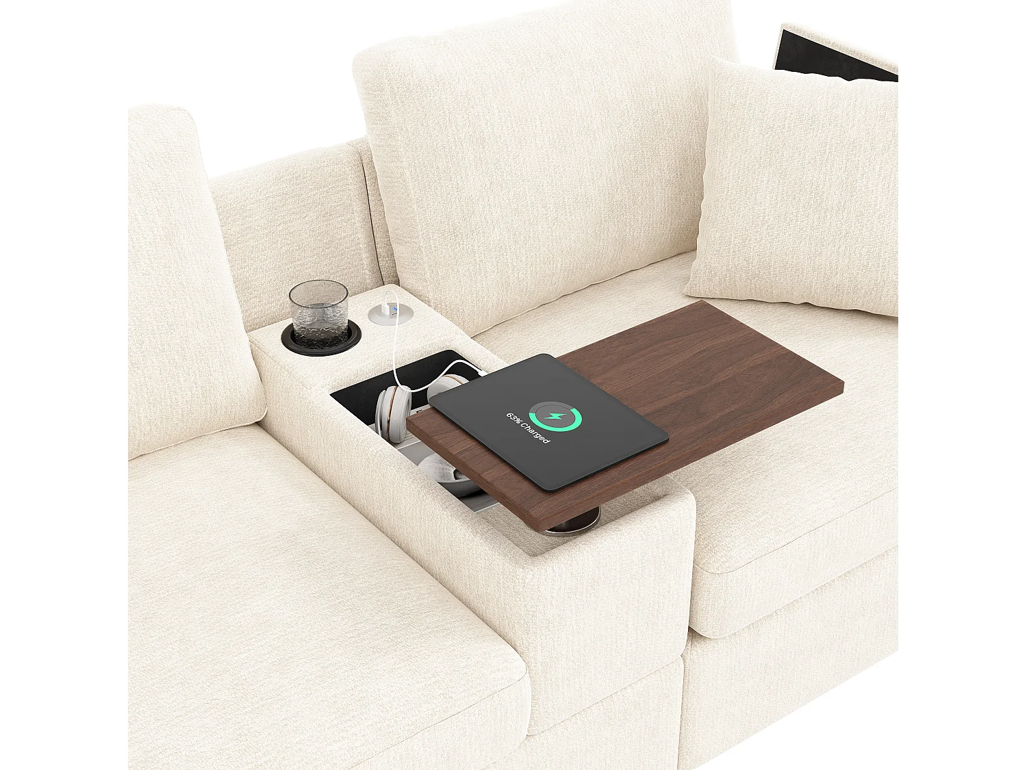 L-bank, voorzien van USB-/Type-C-poorten, bekerhouders, een salontafel en een voetensteun, beige