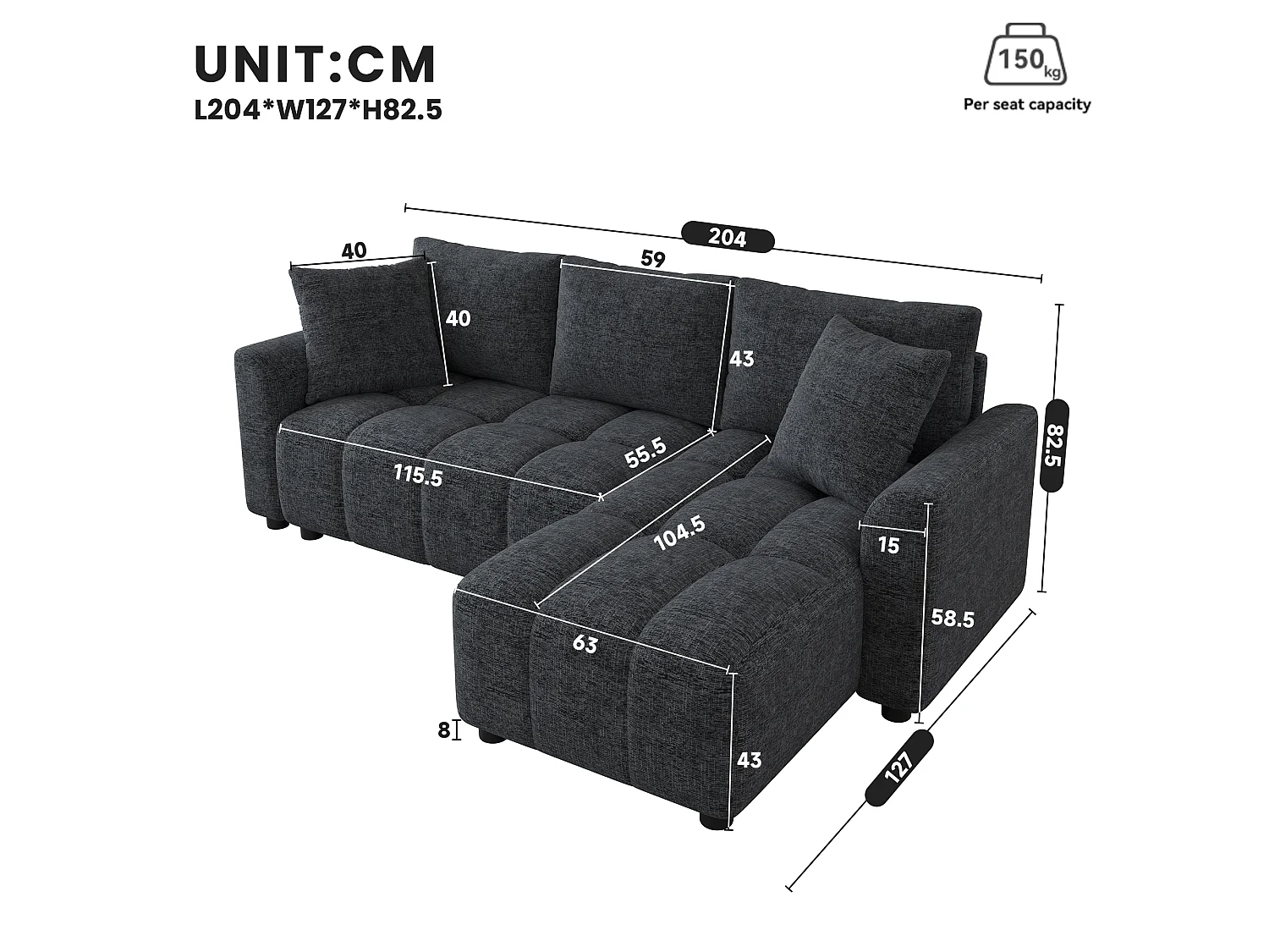 Canapé d'angle 3 places en tissu chenille gris