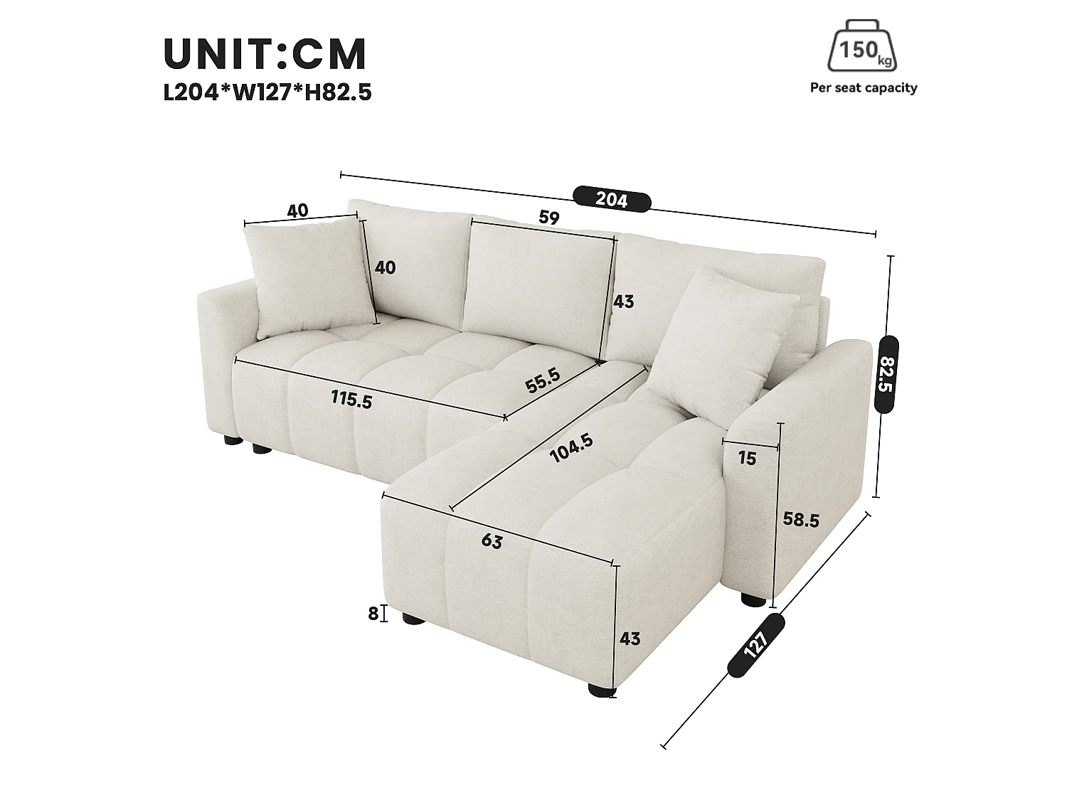 Canapé d'angle 3 places en tissu chenille beige