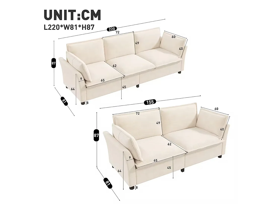 3-2 Modulaire bank, vrij samen te stellen, chenille-stof, 3-zits + 2-zits, inclusief kussens, zachte vulling, beige