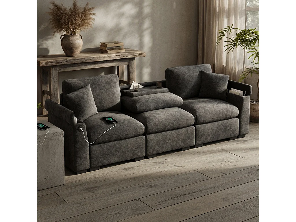 Canapé 3 places avec rangement en tissu chenille gris