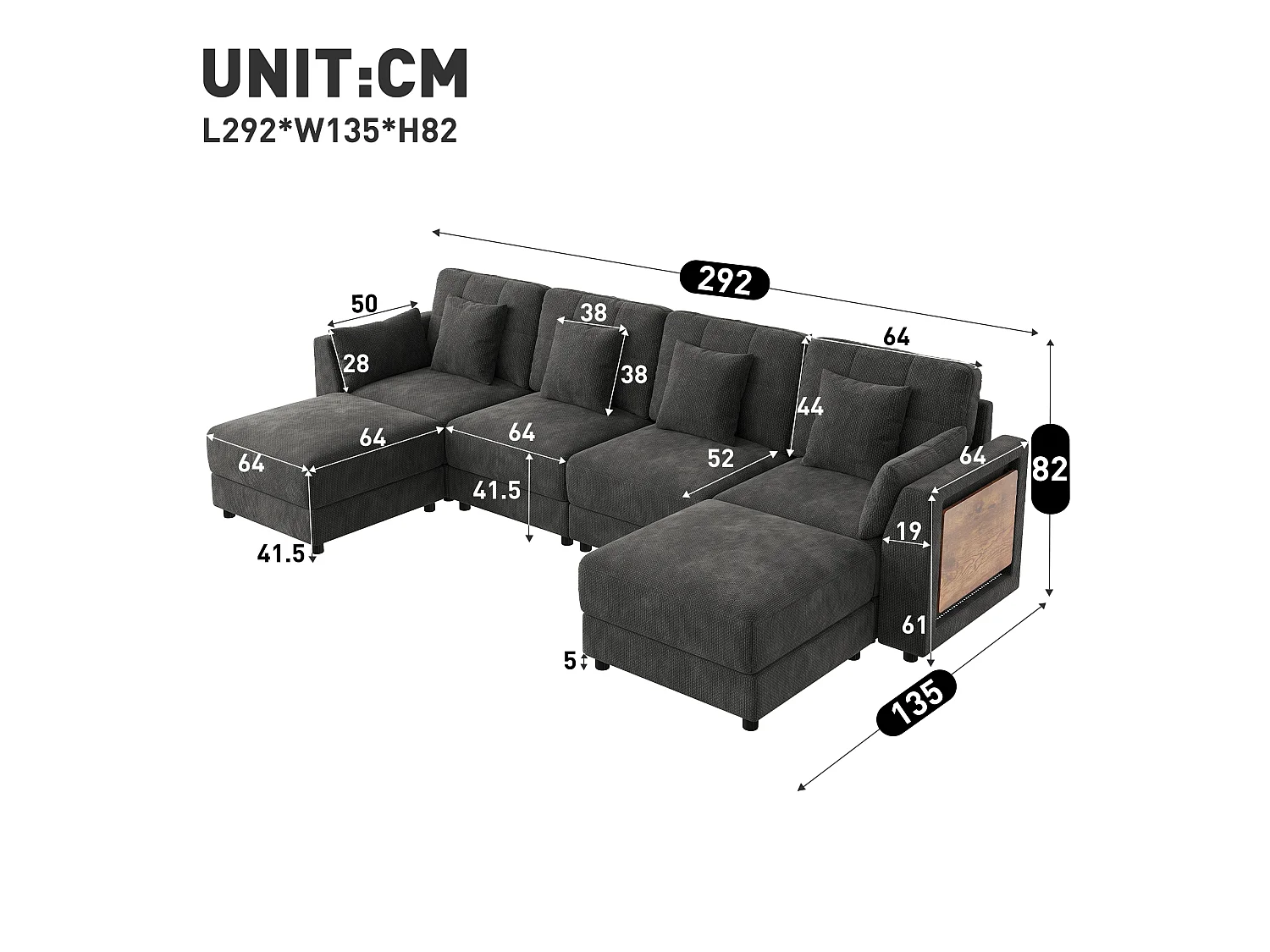 Sofá de canto, com 2 pufes, iluminação LED e uma mesinha auxiliar, incluindo 6 almofadas, em tecido chenille, cinzento