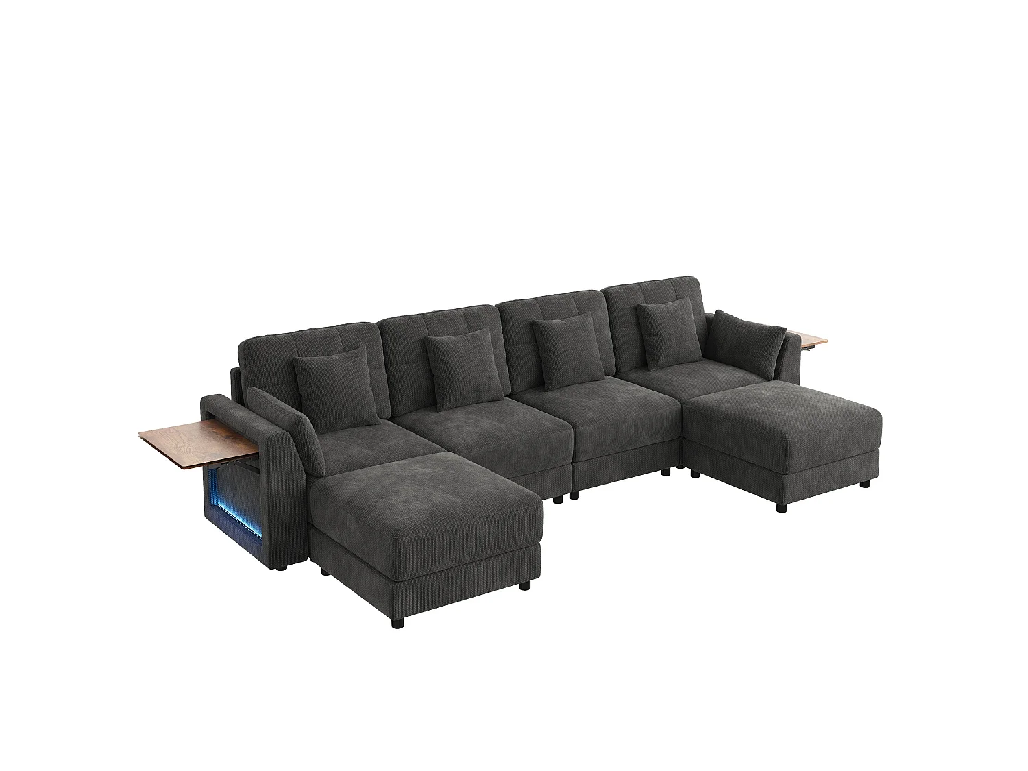Sofá de canto, com 2 pufes, iluminação LED e uma mesinha auxiliar, incluindo 6 almofadas, em tecido chenille, cinzento