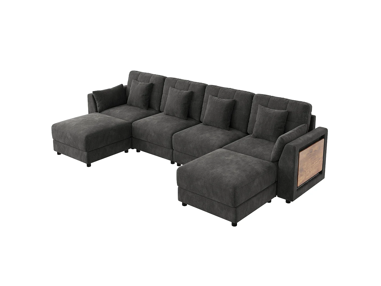 Sofá de canto, com 2 pufes, iluminação LED e uma mesinha auxiliar, incluindo 6 almofadas, em tecido chenille, cinzento
