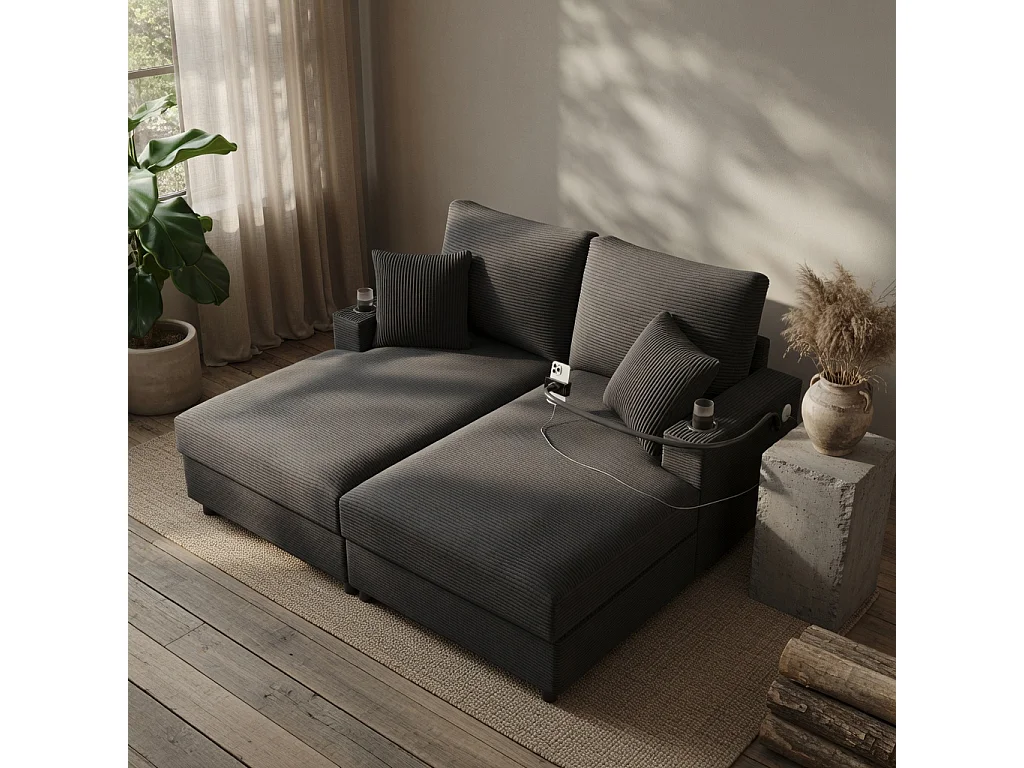 Sofá-cama de dois lugares, com função de extensão estofada, suporte para telemóvel, porta USB e porta-copos, cinzento