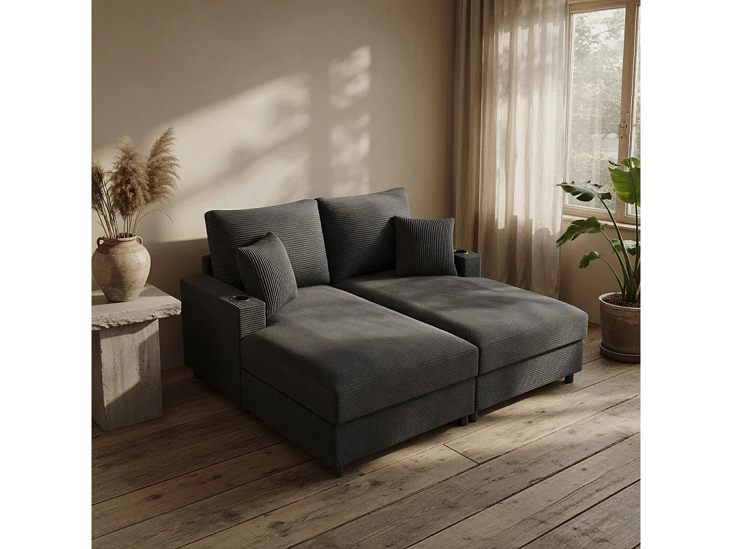 Sofá-cama de dois lugares, com função de extensão estofada, suporte para telemóvel, porta USB e porta-copos, cinzento