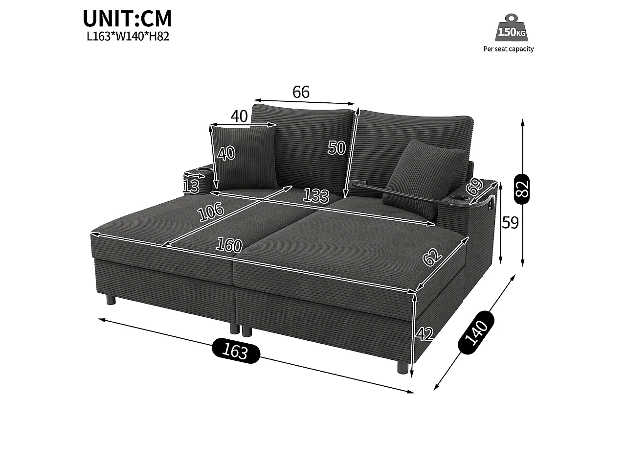 Sofá-cama de dois lugares, com função de extensão estofada, suporte para telemóvel, porta USB e porta-copos, cinzento
