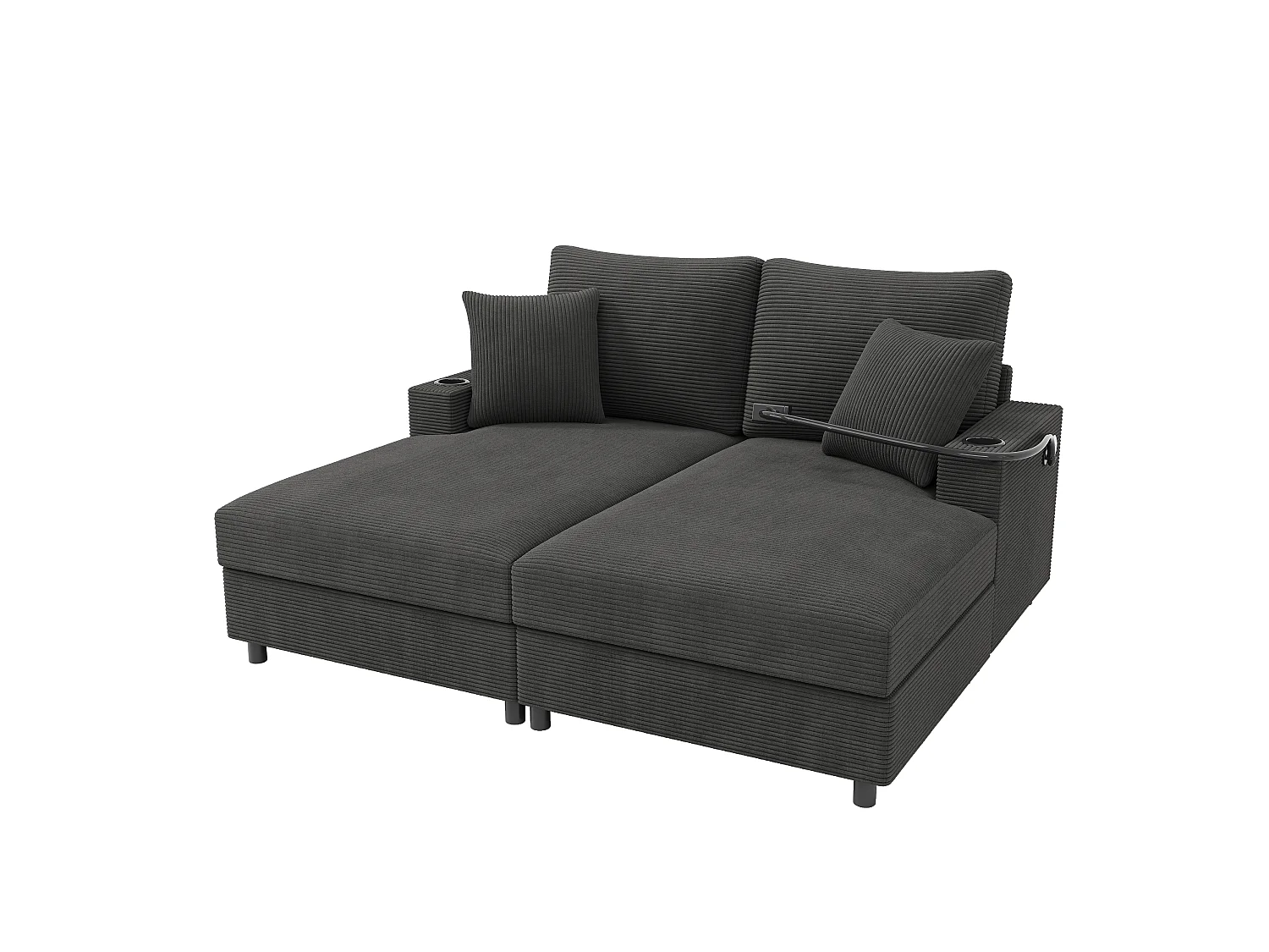 Sofá-cama de dois lugares, com função de extensão estofada, suporte para telemóvel, porta USB e porta-copos, cinzento