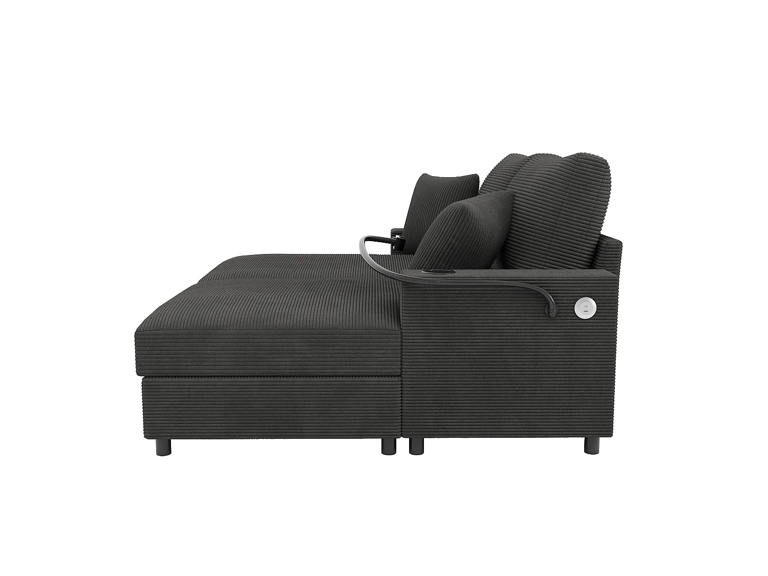 Sofá-cama de dois lugares, com função de extensão estofada, suporte para telemóvel, porta USB e porta-copos, cinzento