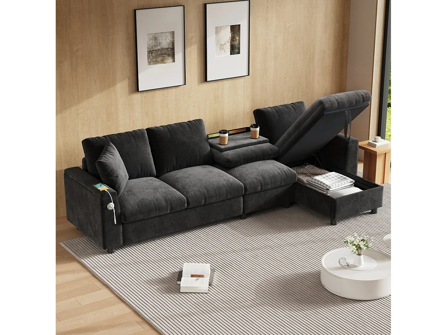 Canapé d'angle 4 places en tissu chenille gris