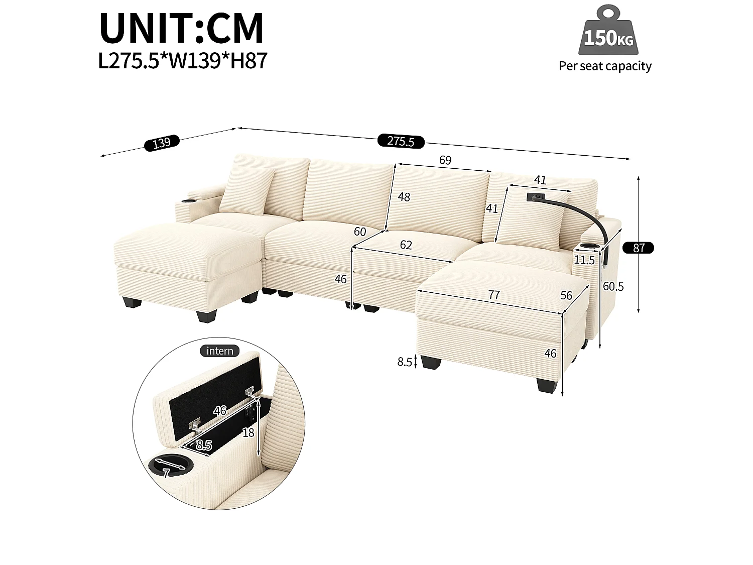 Sofá modular em U, com suporte para telemóvel e porta USB, em veludo canelado, cor bege