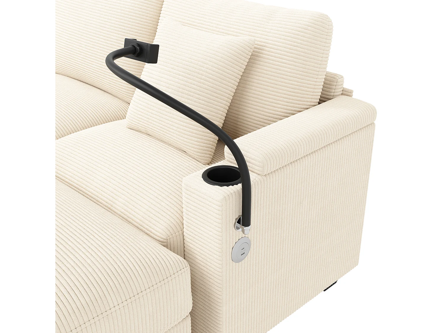 Sofá modular em U, com suporte para telemóvel e porta USB, em veludo canelado, cor bege