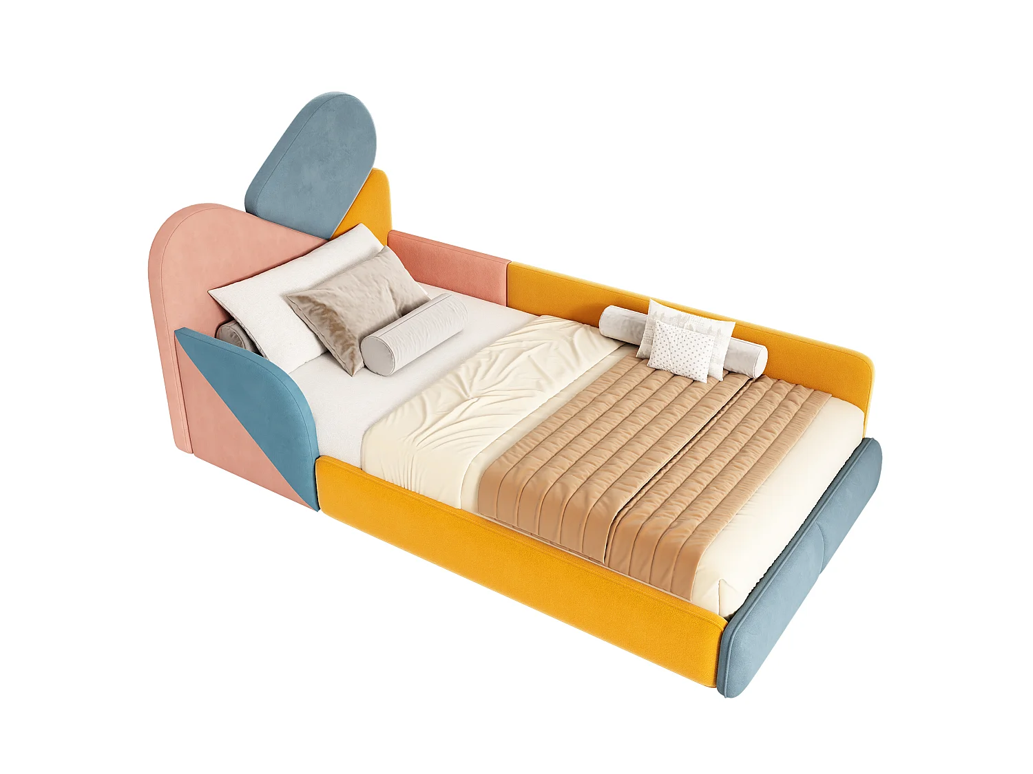 Lit enfant 90x200 rembourré, tête colorée, barrières latérales, lit au sol, pour chambre d'enfant