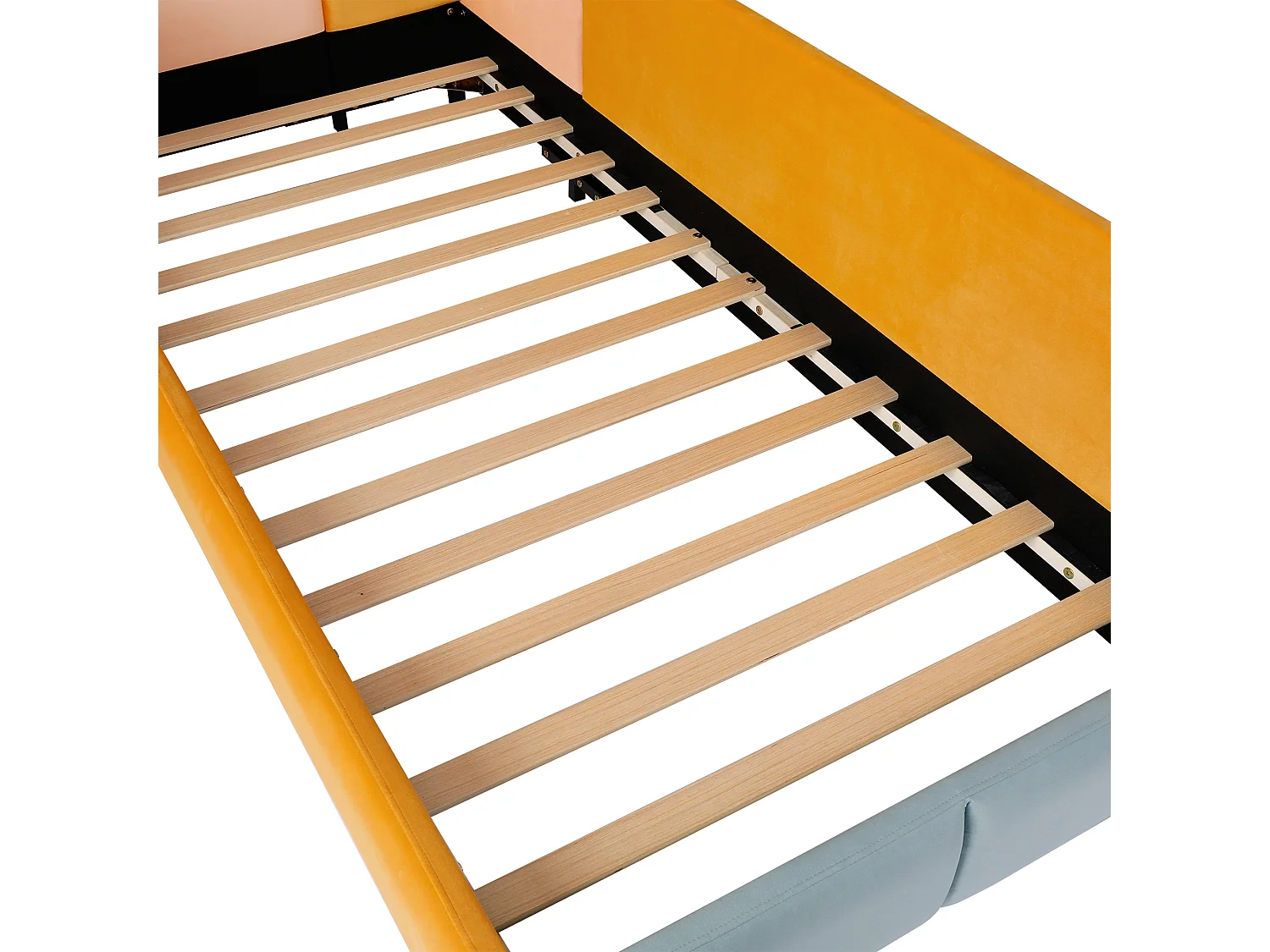Lit enfant 90x200 rembourré, tête colorée, barrières latérales, lit au sol, pour chambre d'enfant