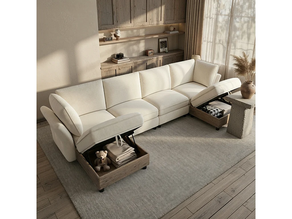 Sofá de canto em L, 6 lugares, com pufe com espaço de arrumação, design em forma de nuvem, tecido chenille, bege