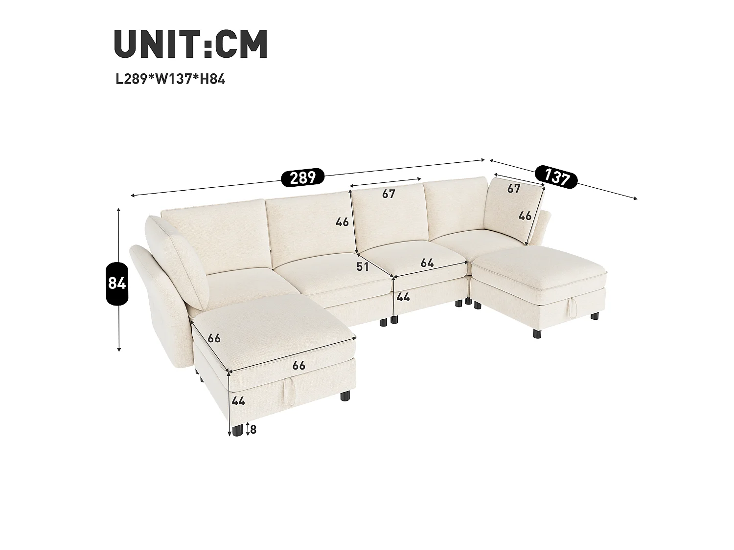 Sofá de canto em L, 6 lugares, com pufe com espaço de arrumação, design em forma de nuvem, tecido chenille, bege