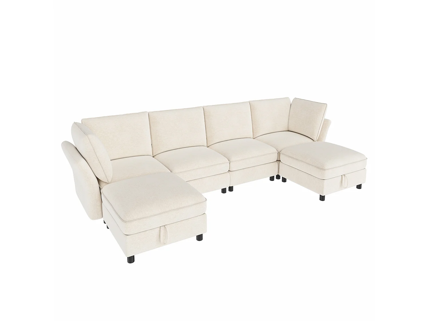 Sofá de canto em L, 6 lugares, com pufe com espaço de arrumação, design em forma de nuvem, tecido chenille, bege