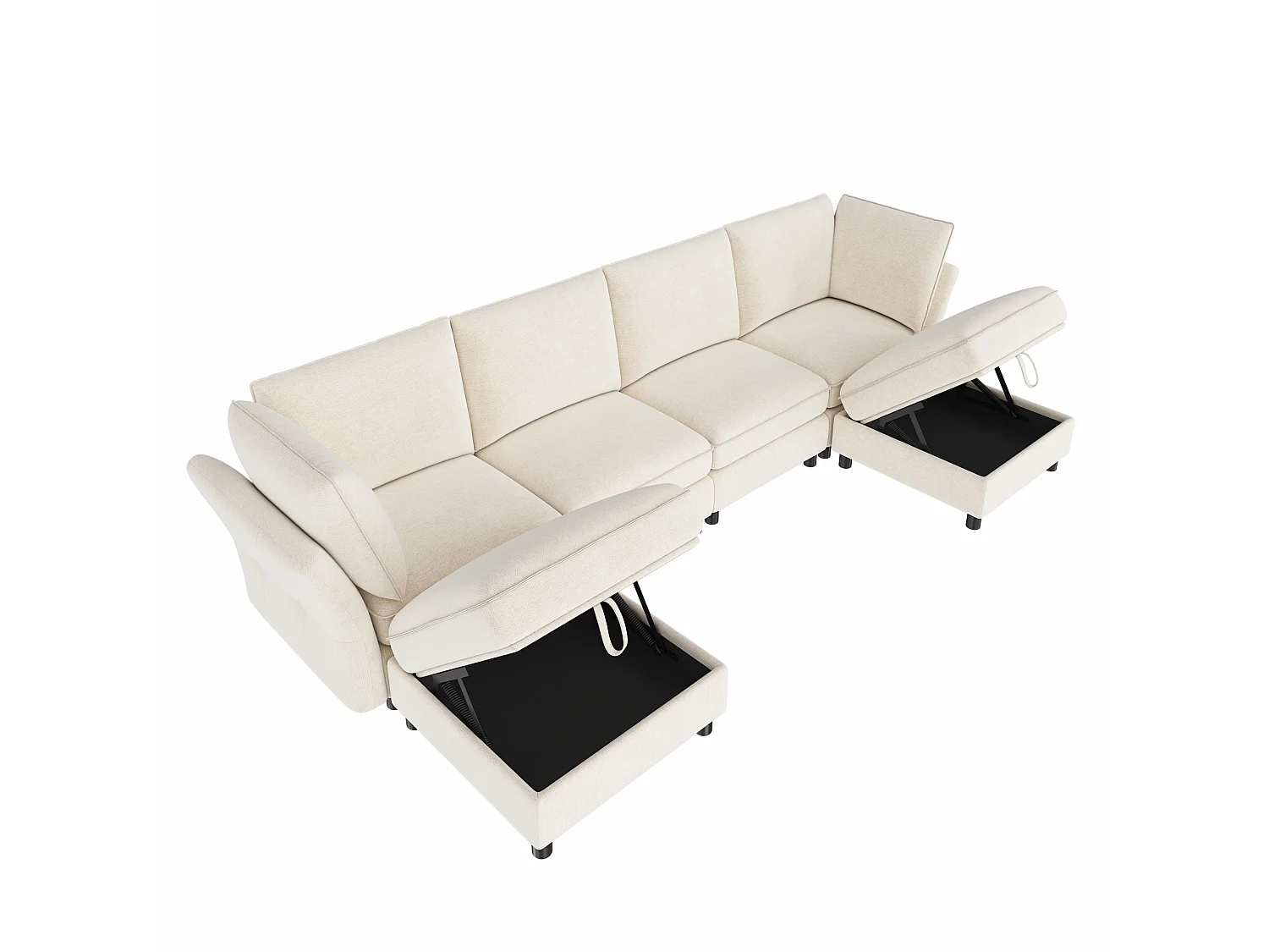 Sofá de canto em L, 6 lugares, com pufe com espaço de arrumação, design em forma de nuvem, tecido chenille, bege