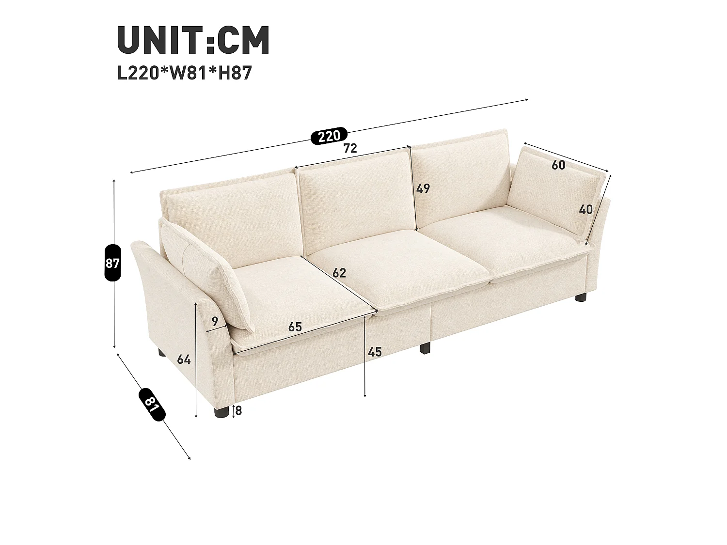 Canapé 3 places en tissu chenille beige