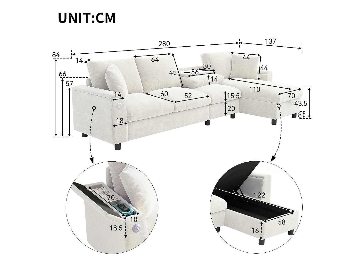 Sofá de canto em L, mesa de centro dobrável, equipado com dois suportes para copos, uma porta USB e uma porta Tipo C, tecido de chenille, bege