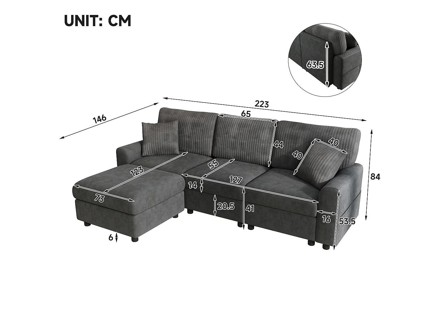 L-vormige hoekbank, met 1 voetensteun, 2 vierkante kussens, 1 USB-poort en 1 Type-C-poort, zwart