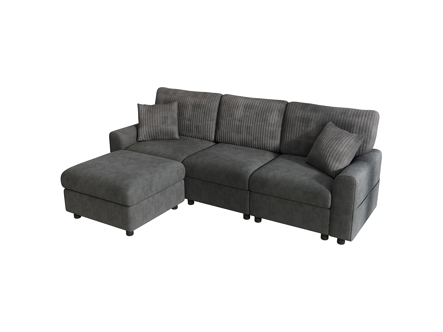 L-vormige hoekbank, met 1 voetensteun, 2 vierkante kussens, 1 USB-poort en 1 Type-C-poort, zwart