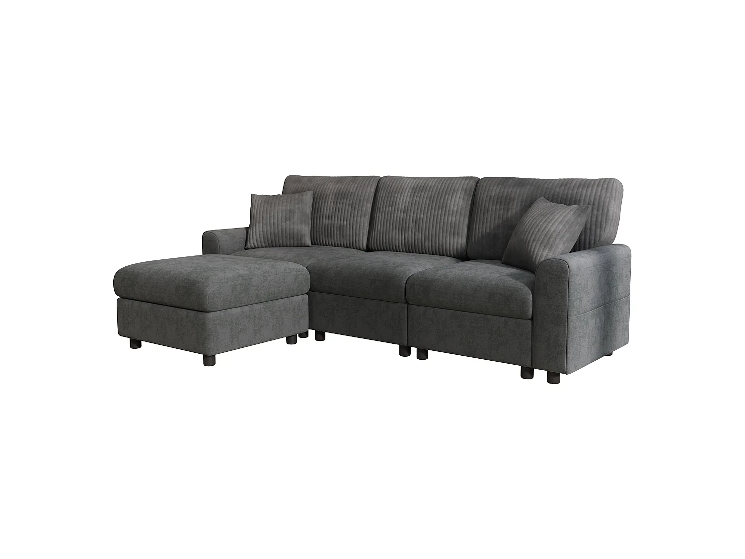 L-vormige hoekbank, met 1 voetensteun, 2 vierkante kussens, 1 USB-poort en 1 Type-C-poort, zwart