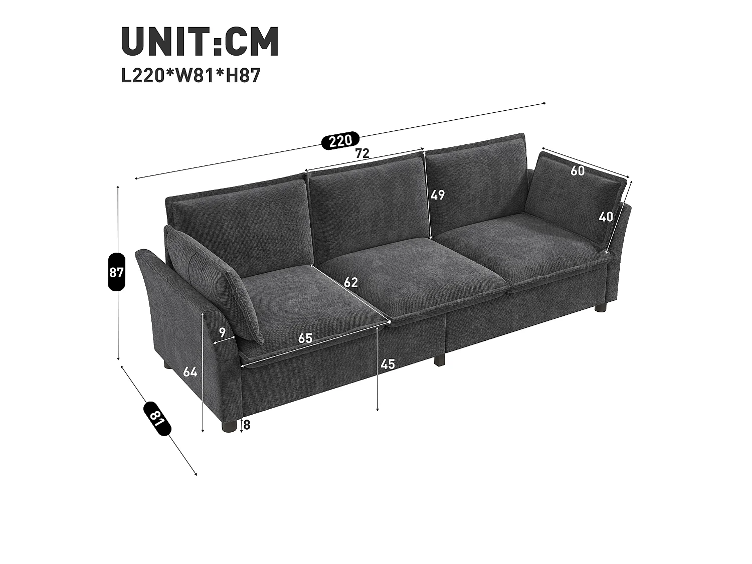 Canapé 3 places en tissu chenille gris
