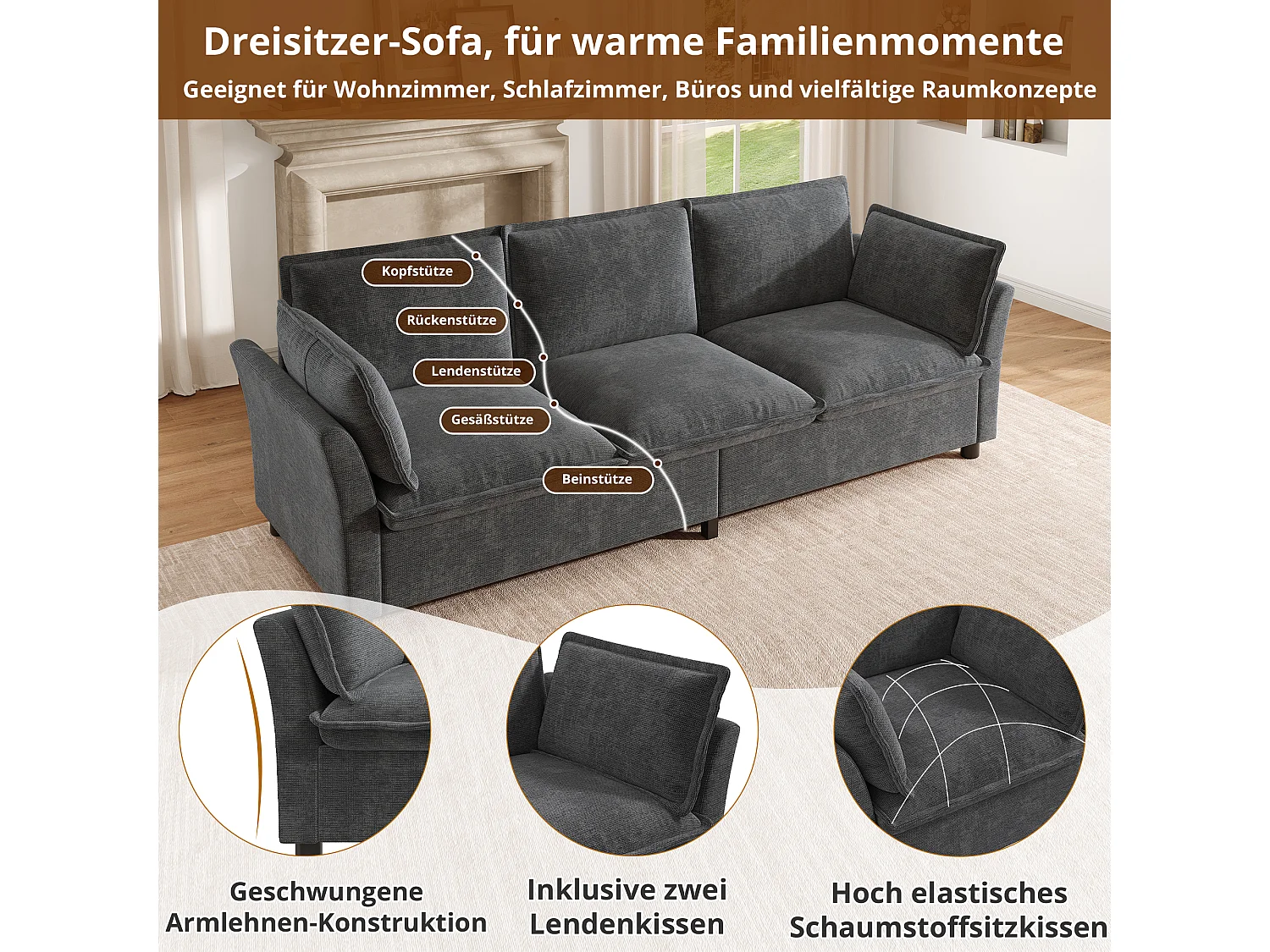 Canapé 3 places en tissu chenille gris