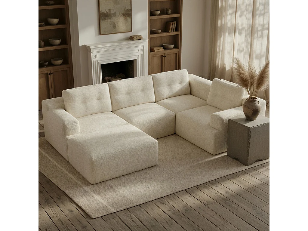 Divano modulare, componibile a L o a U, struttura interamente in schiuma senza telaio, tessuto chenille, beige