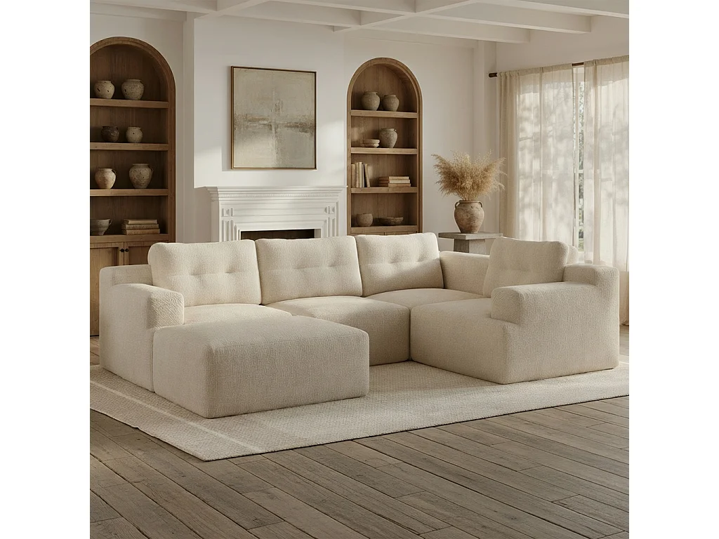 Divano modulare, componibile a L o a U, struttura interamente in schiuma senza telaio, tessuto chenille, beige