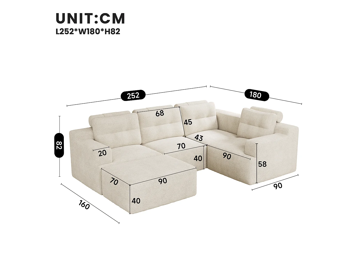 Divano modulare, componibile a L o a U, struttura interamente in schiuma senza telaio, tessuto chenille, beige