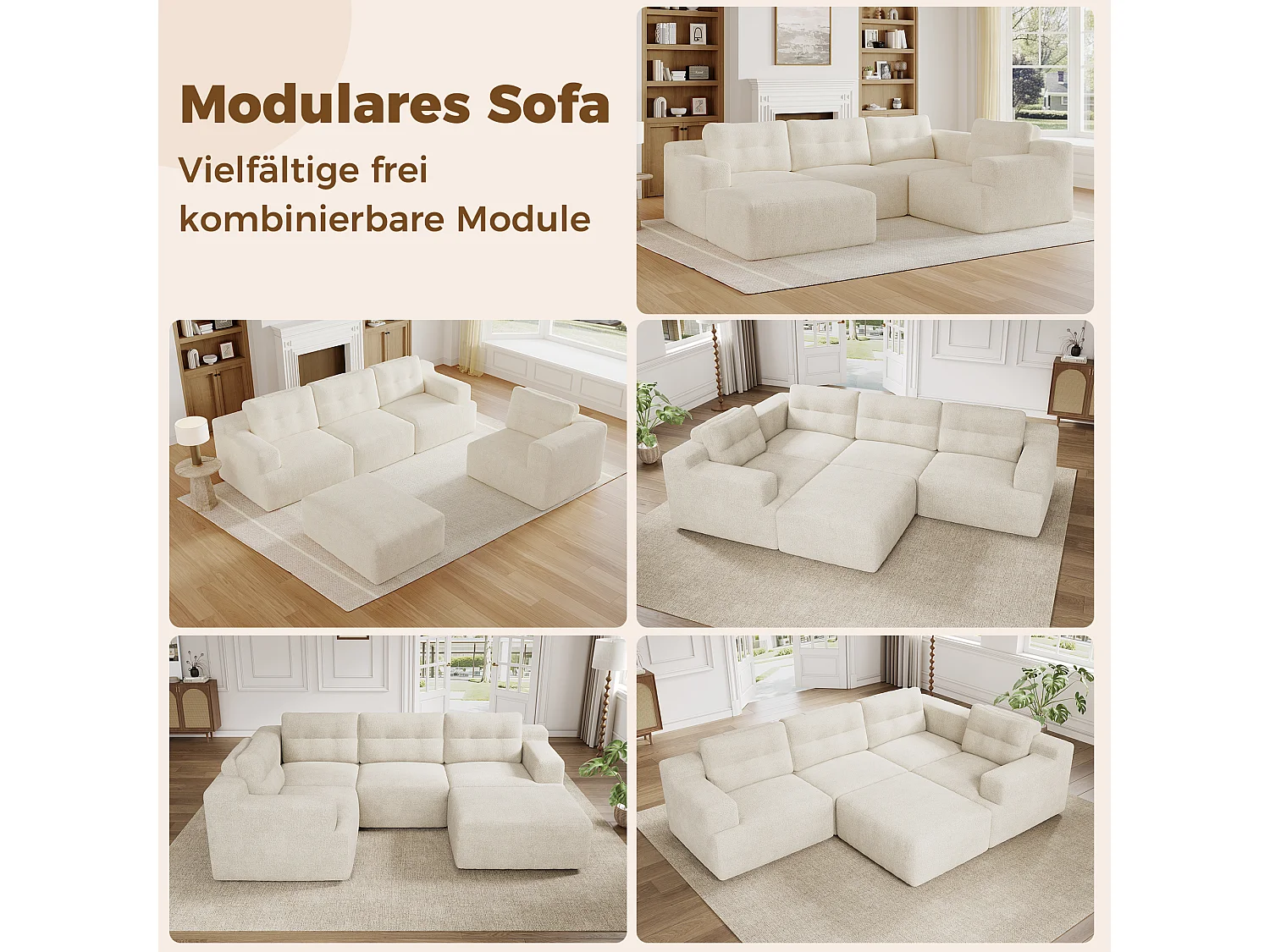 Divano modulare, componibile a L o a U, struttura interamente in schiuma senza telaio, tessuto chenille, beige