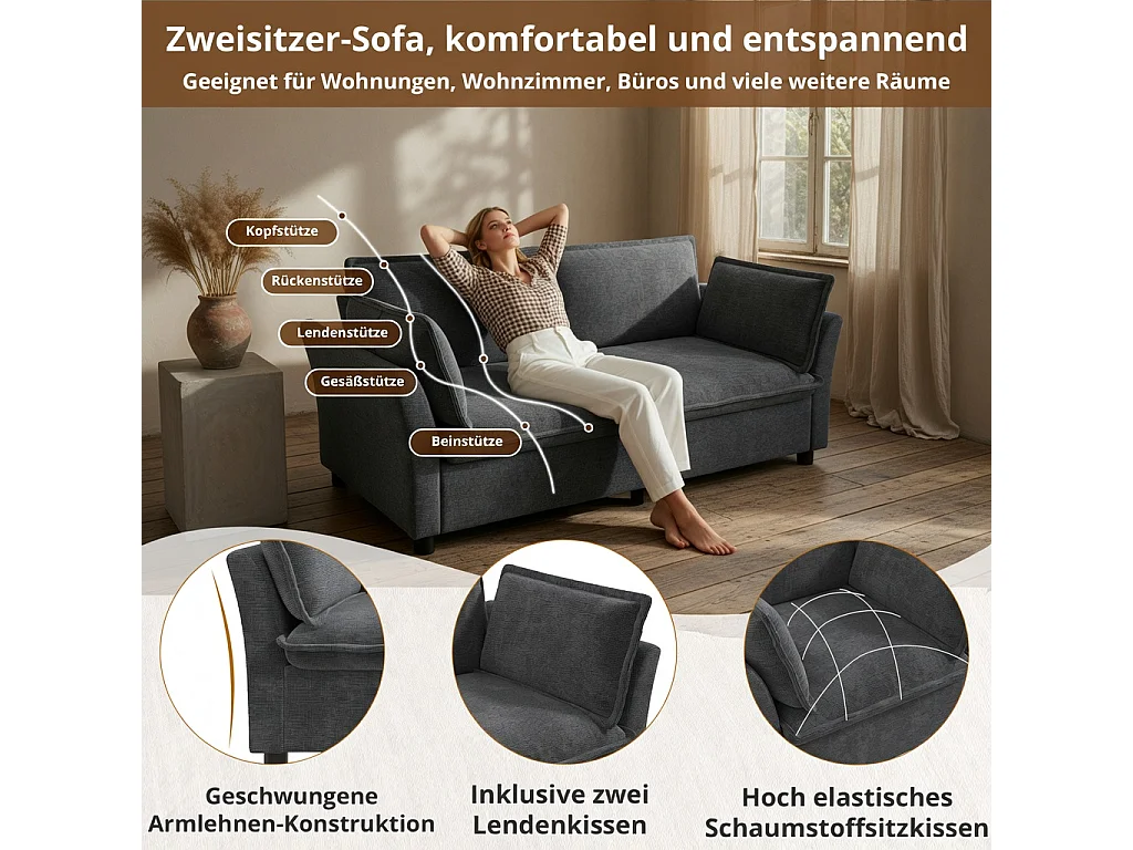 3-2 Modulaire bank, vrij samen te stellen, chenille-stof, 3-zits + 2-zits, met kussens, zachte vulling, grijs